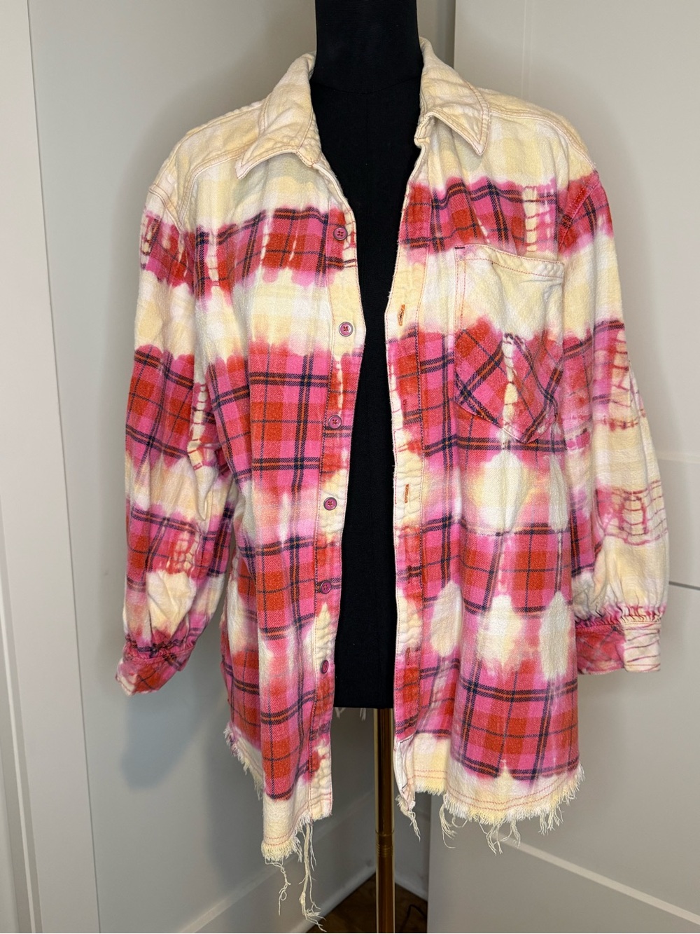 Free People Pink, Red & Cream Plaid Utility Shacket